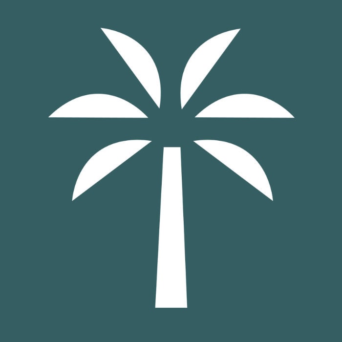 Lush white palm tree icon on dark teal background for outdoor living branding.